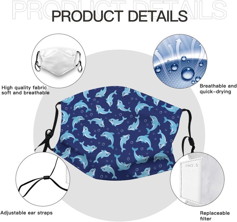 Beubebim Cute Dolphins Wave Face Mask Adult Washable Reusable Pleated Anti Dust Mask with 2 Filter for Women Men Decorative - Image 3